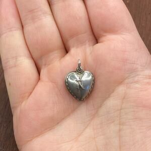 Vintage 925 Sterling Silver Letter "N" Puffy Heart Pendant Bracelet Charm